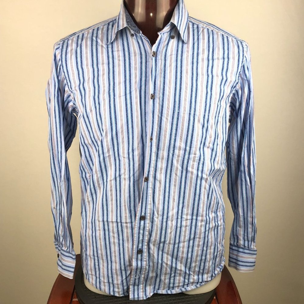 Bugatchi Uomo Casual Dress Shirt Lrg Blue/Beige Stripes